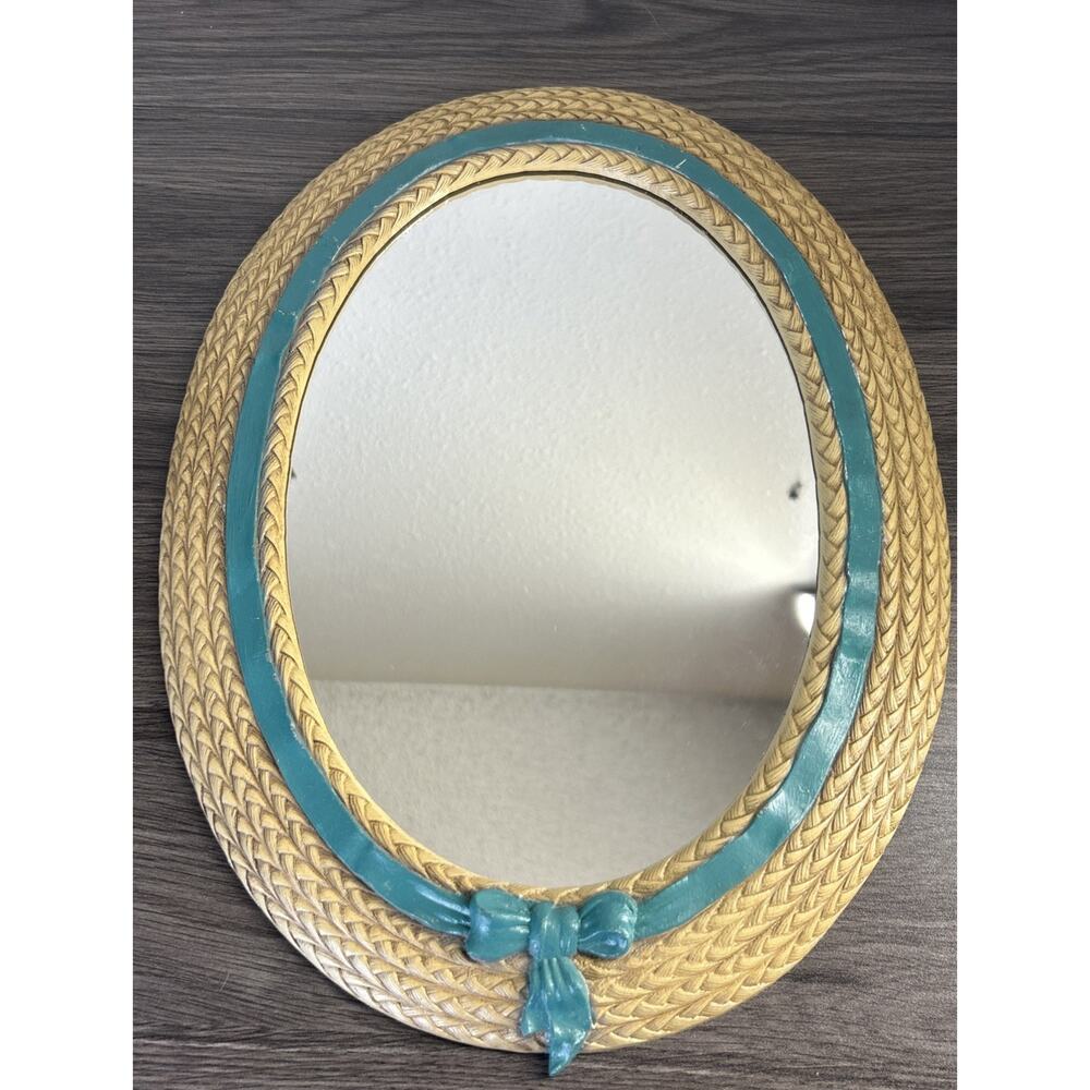 Vintage Burwood Faux Wicker Oval Mirror 2939 Teal Ribbon USA Wall Cottagecore